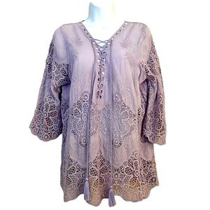 Lilac Tunic Top S/M Floral Cotton Lace-up Embroidered Crochet Blouse Flowy